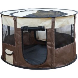 Portable Pet Soft Playpen;  Pop up Tent Indoor & Outdoor Use Durable Paw Kennel Cage;  Waterproof Bottom Removable Top Puppy Pen - brown