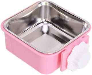Stainless Steel Pet Crate Bowl Removable Cage Hanging Bowls with Bolt Holder for Pets - pink
