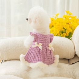 Warm and thickened dog clothes in autumn and winter; bow sweater skirt; dog sweater - Purple skirt - S (recommended weight 2-3 kg)