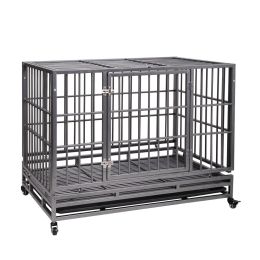 Heavy-Duty Metal Dog Kennel, Pet Cage Crate with Openable Flat Top and Front Door, 4 Wheels  - black