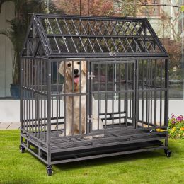 37"L x 41"H Heavy Duty Metal Dog Kennel Cage Crate with 4 Universal Wheels, Openable Pointed Top and Front Door, Black - black